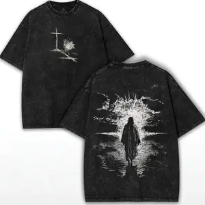 Crown of Thorns Jesus Oversized Tee: Vintage Washed Heavy Cotton Christian T-Shirt Menswear Top Casual Crewneck U6V