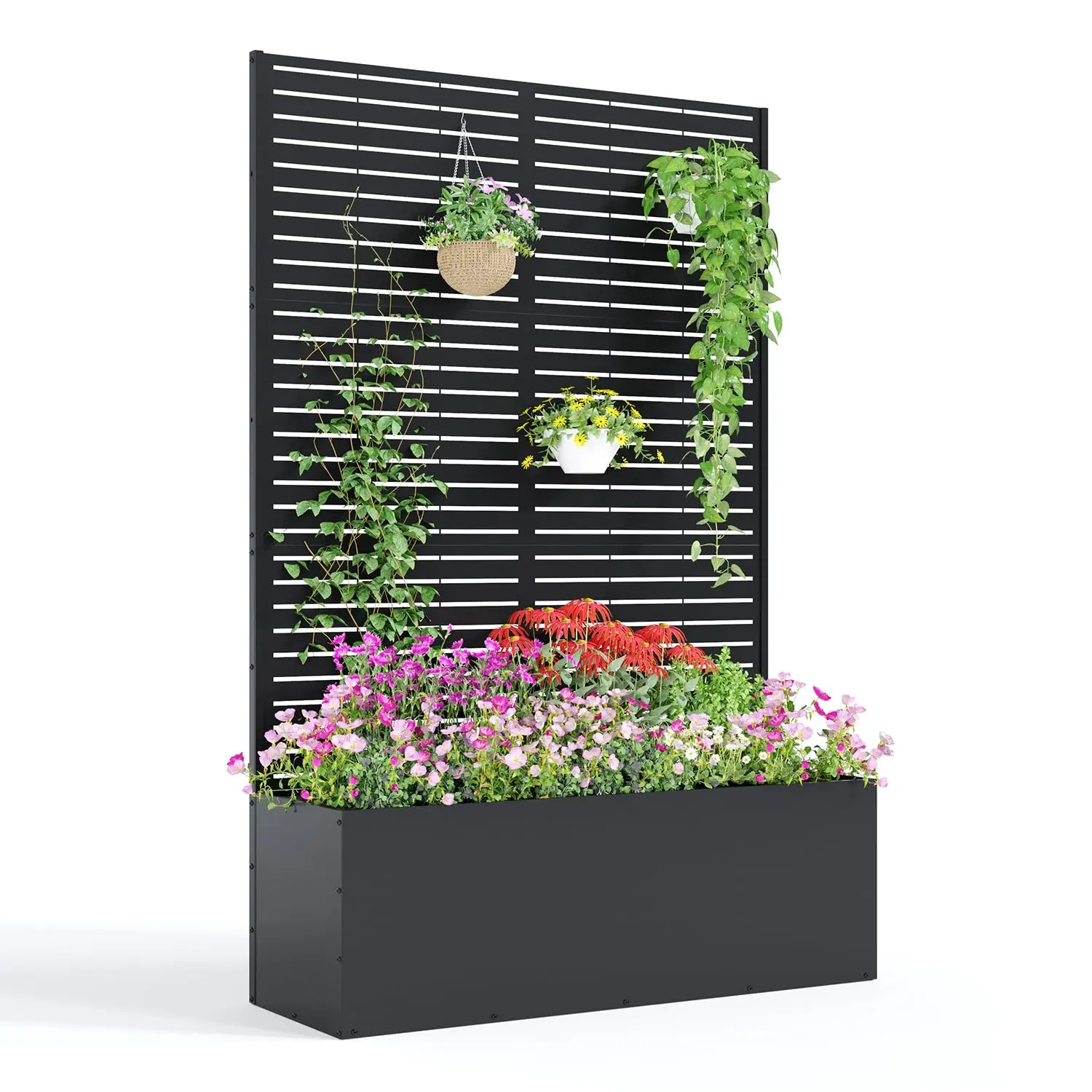 Garvee Metal Raised Garden Bed with Trellis, 71"x47"x16" Metal Planter Box with Trellis Privacy Screen for Climbing Plants, Vegetable, Vines, Drainage Holes, 15.8" Deep Planting Bed, Black