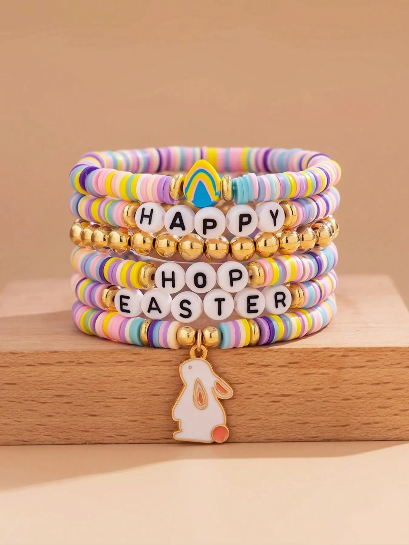 6 Piece Cute Fashion Easter Bunny Egg Pendant Bracelet Set, Colorful Soft Clay Letter Beads, Daily Decor and Holiday Party Gift Jewelry