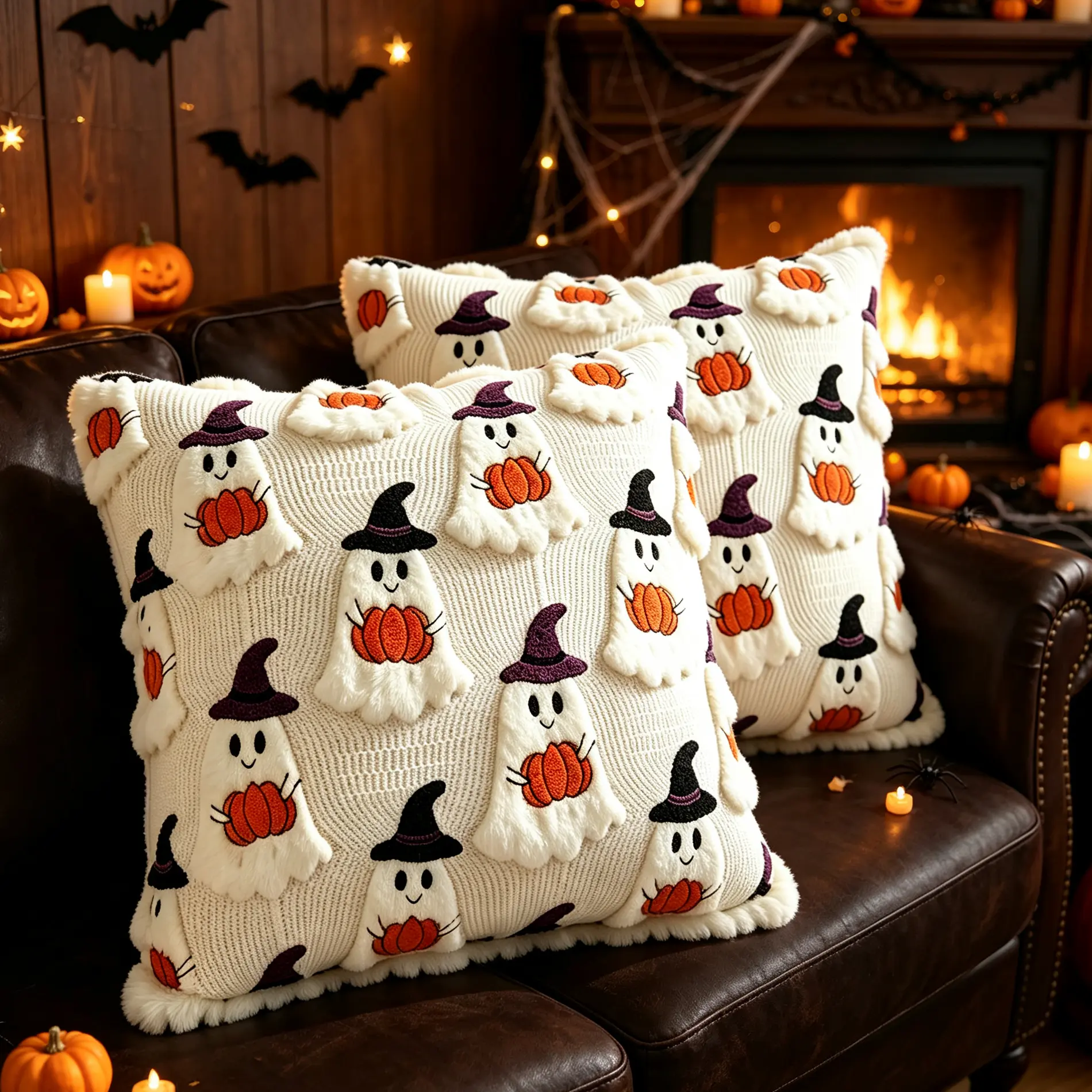 Set of 2 Halloween Ghost Pumpkin Throw Pillow Cover, Soft Fluffy Witch Ghost Decorative Cushion, Spooky Fall Home Decor for Sofa Couch Bedroom halloween pillow cover homedecor