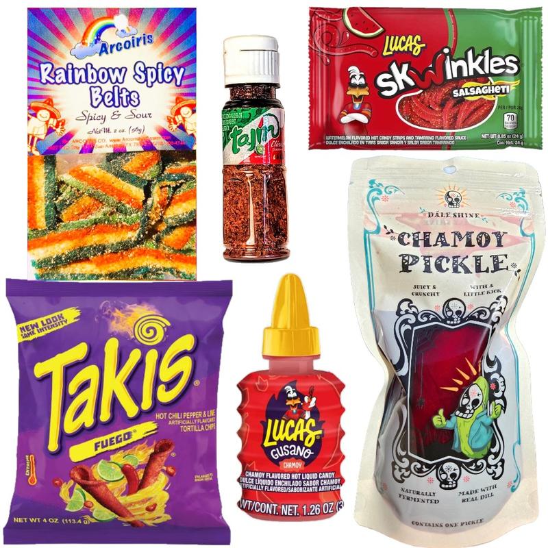 Dále Shine Rainbow Chamoy Pickle Kit, Takis, Popular Mexican Candy, Lucas Gusano, Salsagheti, Mini Tajin, Spicy Rainbow Sour Belts, Pepinillo de Chamoy 6 Piece