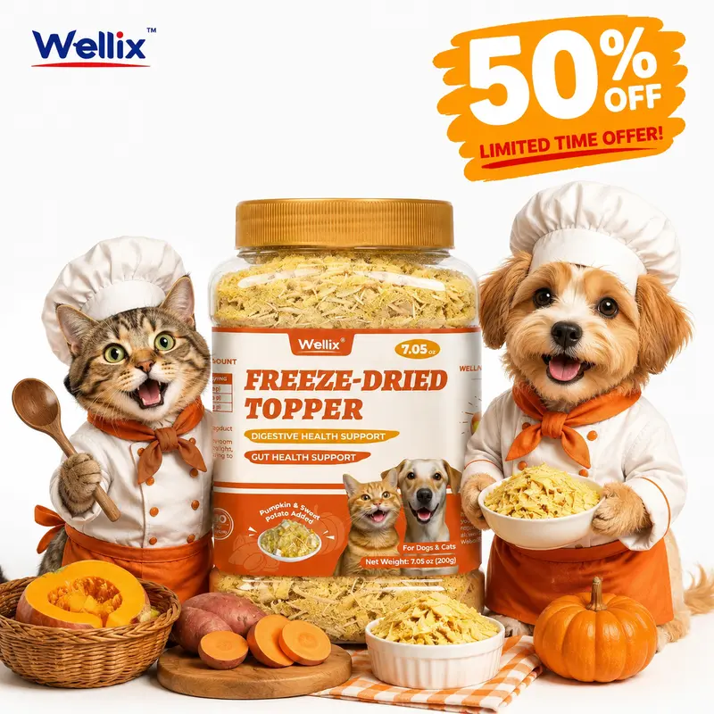 Wellix 7.05oz Freeze-Dried Cat & Dog Food Topper - Pumpkin & Sweet Potato Treats, 3 Ingredients Only, Low Calorie, Supports Digestive, Gut & Immune Health, Natural & Nutritious