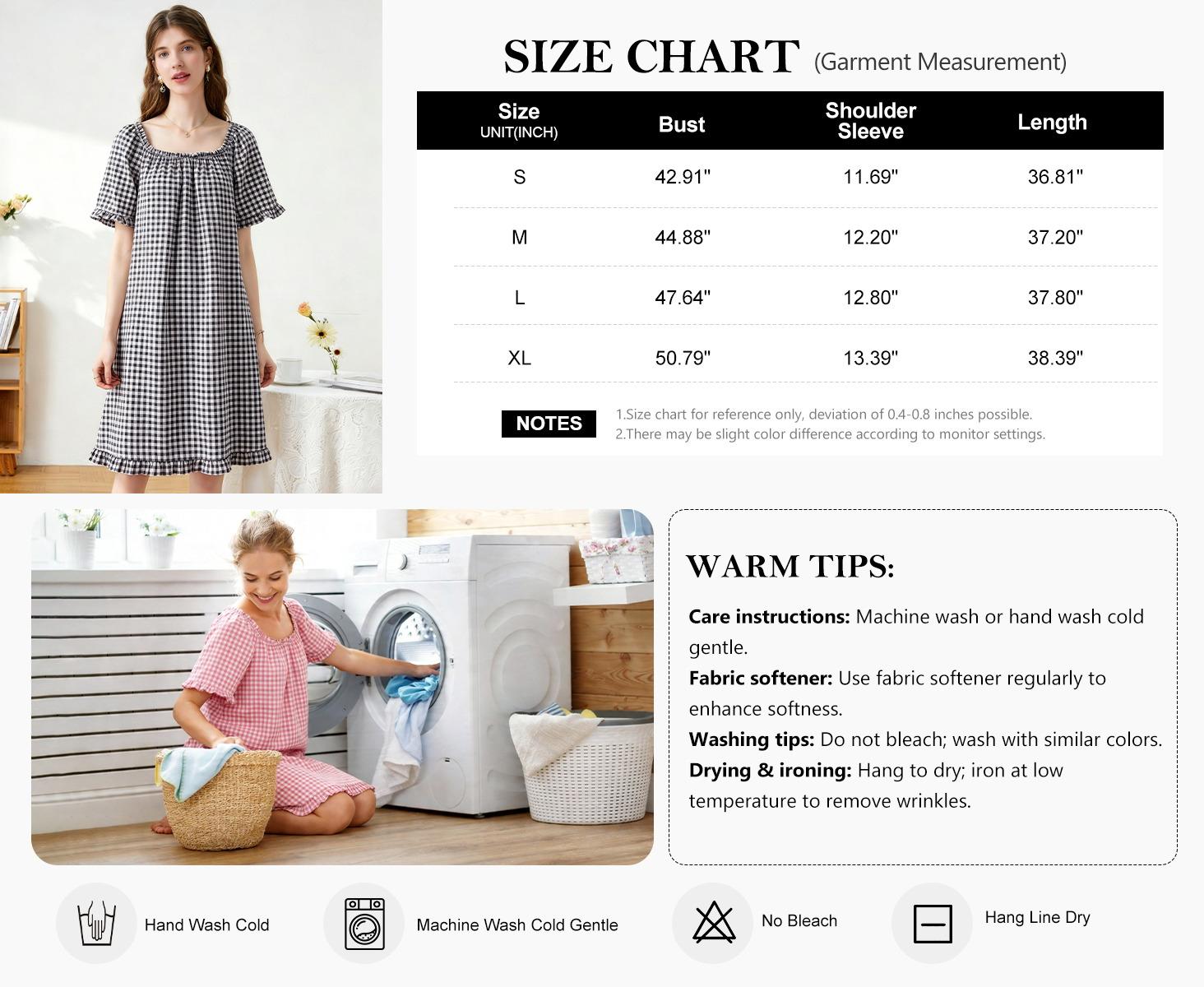 Women's Cute 100% Cotton Gingham Plaid Knee-Length Nightgown - Square Neck Pull-On Sleep Dress with Ruffle Sleeves, Pocket, Loose Flowy Fit, Temperature-Regulating Soft Cotton Loungewear