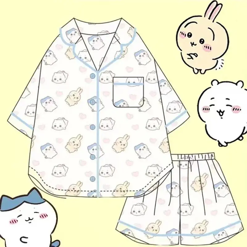 Chiikawa 2-Piece Short-Sleeve Loungewear Set - Hachiware USAGI Cartoon Casual Pajamas, Suitable for Home Wear