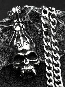 Stainless Steel Dark Gothic Skull Ghost Claws Pendant Necklace For Men Silver Color Punk Hip Hop Vintage Party Gift Cuban Link Design
