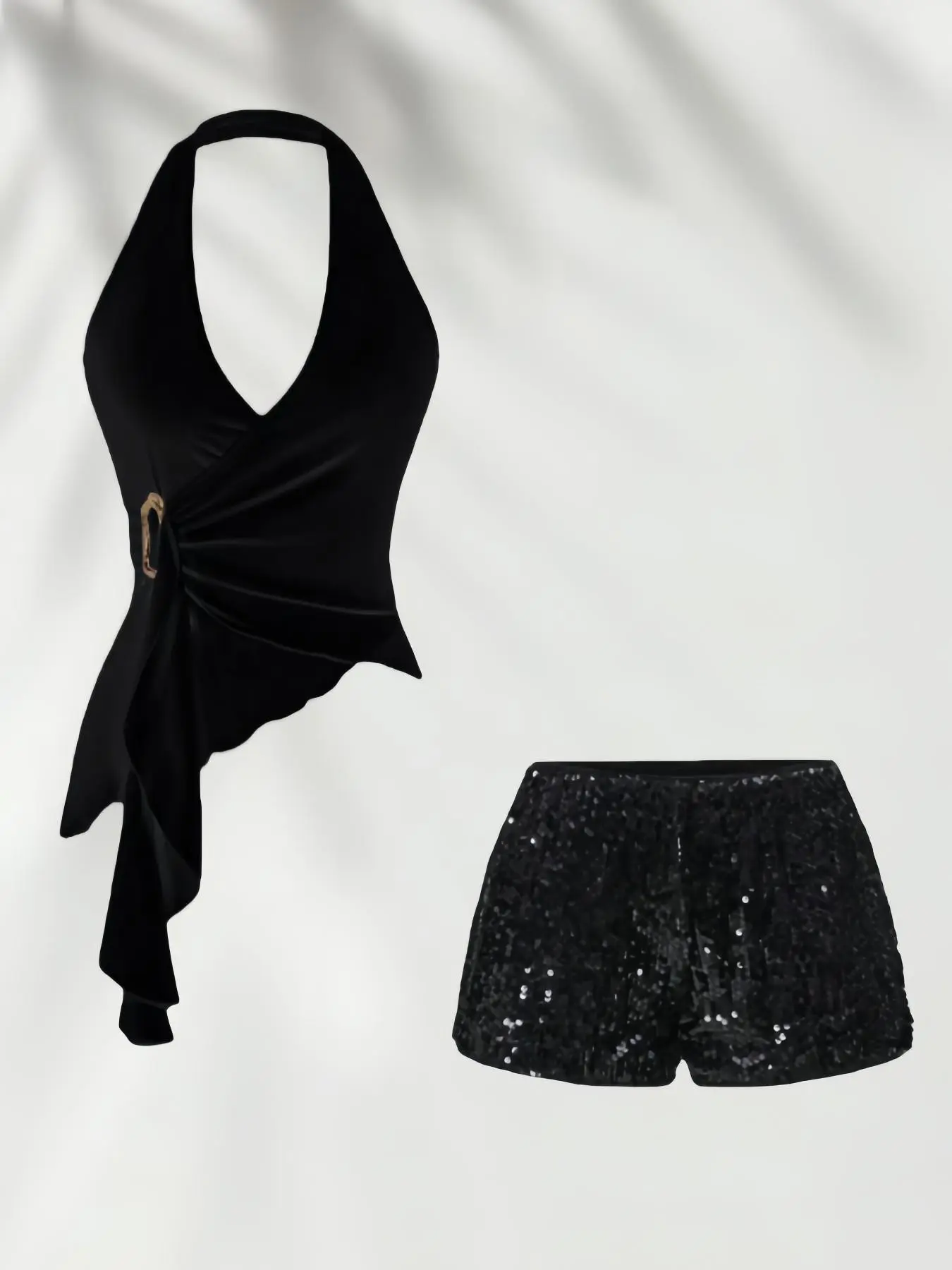 Spring Autumn Pure Desire Halter Neck Top, Asymmetrical Irregular Hem Design, Sparkling Sequins, Sexy Short Pants Two-Piece Set Outfit, Slimming Fitted Womenswear Fashion