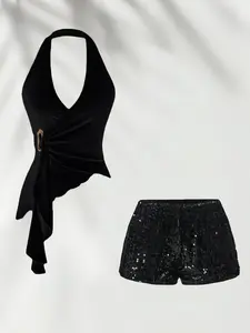 Spring Autumn Pure Desire Halter Neck Top, Irregular Hem Design, Sparkling Sequins, Sexy Short Pants Two-Piece Set, Slimming Fitted Fashion