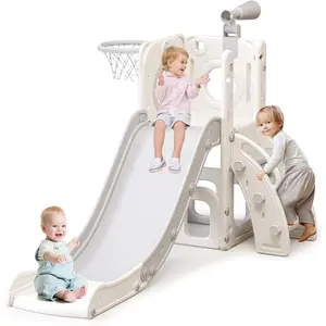 6 in 1 Toddler Slide for Toddlers Age 1-3, Extra-Long Slide with Basketball Hoop Indoor and Outdoor Baby Climber Playset Playground Freestanding Slide (White+Blue)