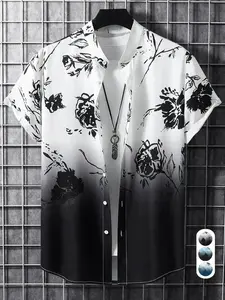 2026 Men's Summer Clothes, Ombre Floral Print Button Front Shirt, Regular Fit Casual Soft Comfy Short Sleeve Mock Neck Top for Summer, Men's Clothes for Daily Wear