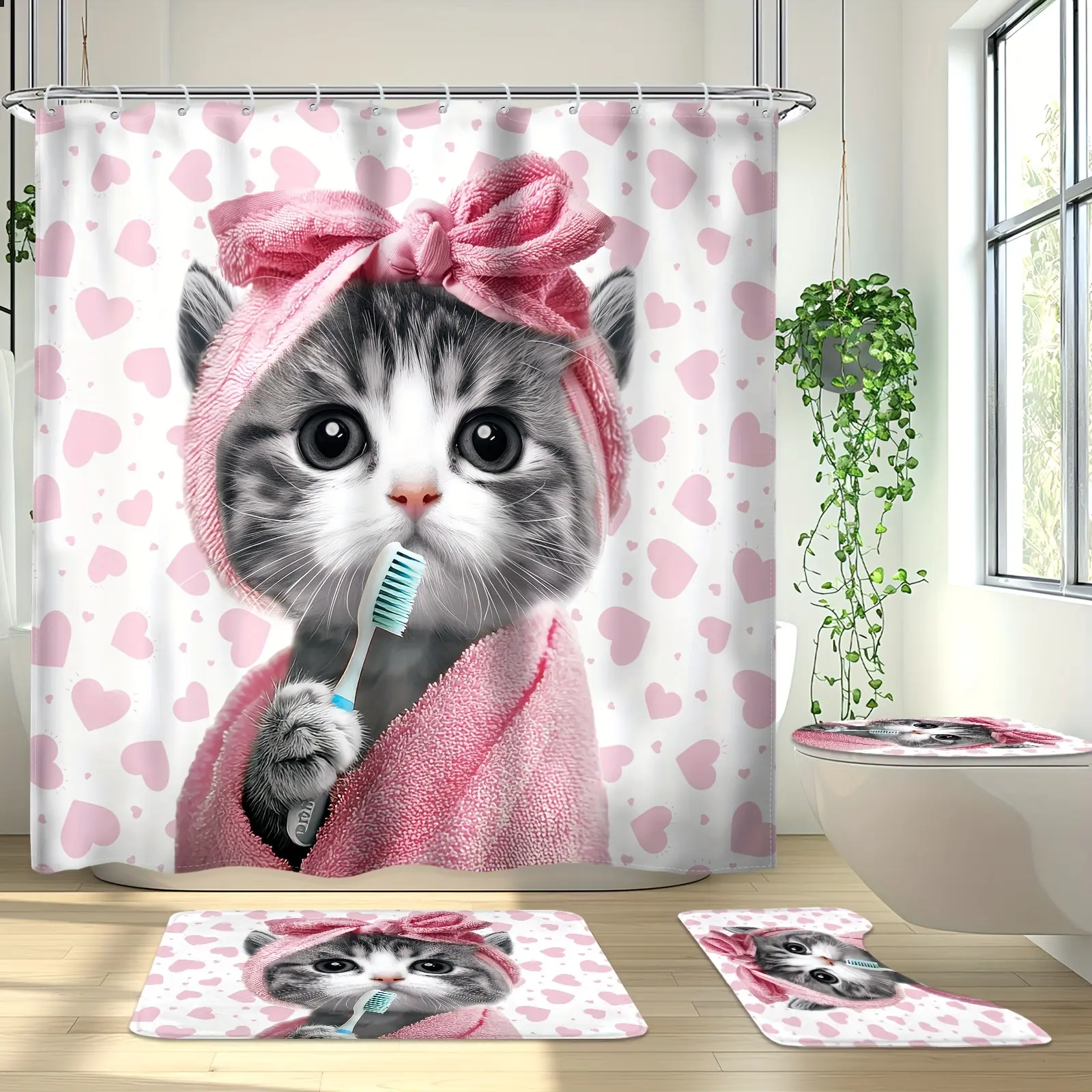 1 piece/4 pieces - Pink cat shower curtain set, complete bathroom decoration and accessories, cartoon cute cat with towel on its head, heart-shaped background, 12-hook shower curtain, non-slip floor mat, U-shaped toilet mat, cover mat