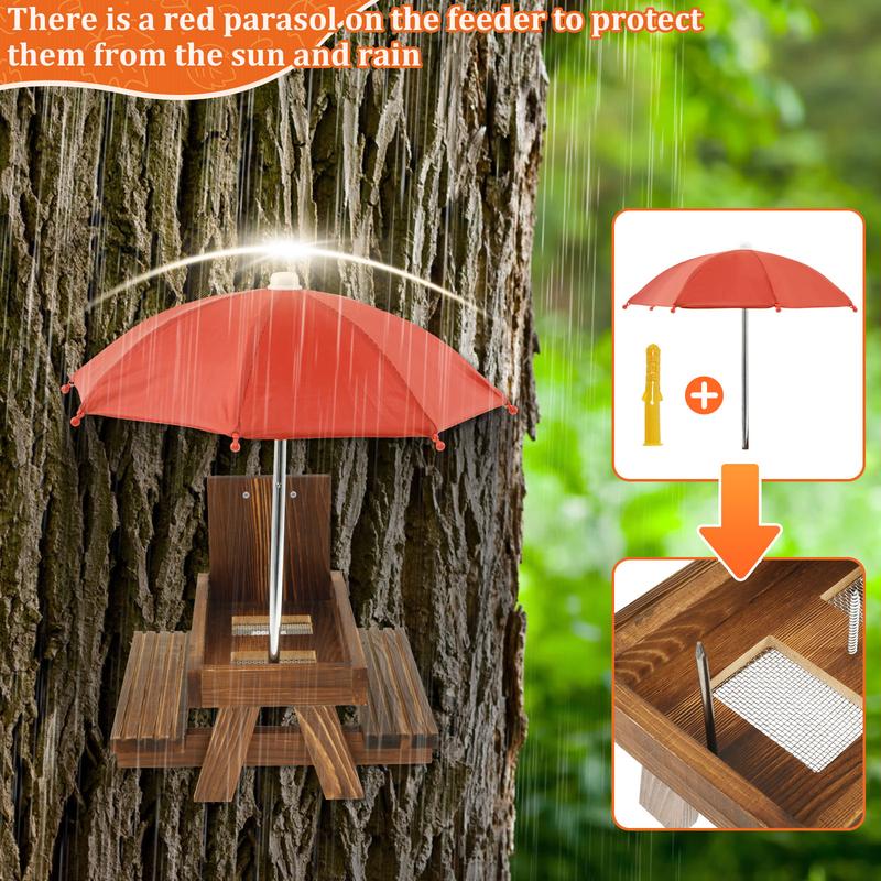 Wood Squirrel Feeder with Umbrella Sturdy Carbonized Wood Squrrill Feeder Table Squirrel Feeders with Corn Cob Holder Wooden Squirrel Feeder Table for Outside Chipmunk Feeder for Yard Porch