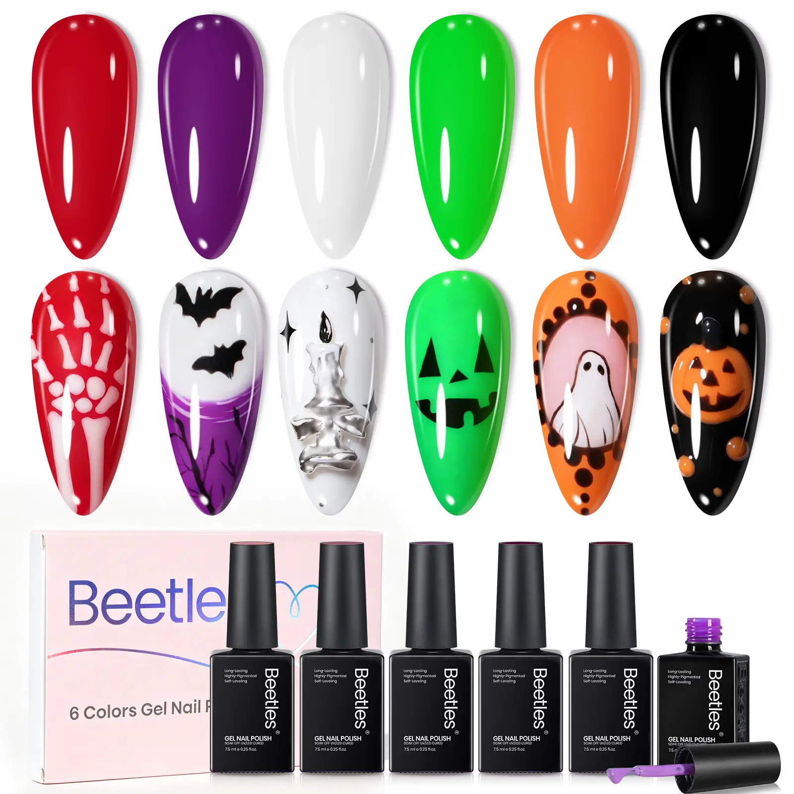 Beetles Halloween Spell Gel Nail Polish Set, 6 Colors Pumpkin Red Black White Green Purple Soak Off UV LED Gel Kit, Long-Lasting DIY Nail Art for Halloween Party, Holiday Home Salon Manicure Gift