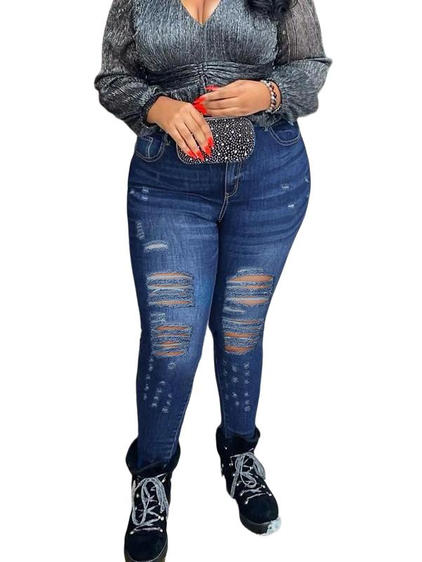 Women's Plus Size Ripped Skinny Jeans YY3165 High Stretch Distressed Denim Pants All Seasons Comfortable Trendy Fit Casual Fabric Streetwear Fashion Bottom Everyday Trouser