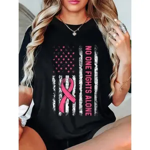 100% Cotton Unisex No One Fights Breast Cancer Alone American Flag Pink Ribbon T-Shirt