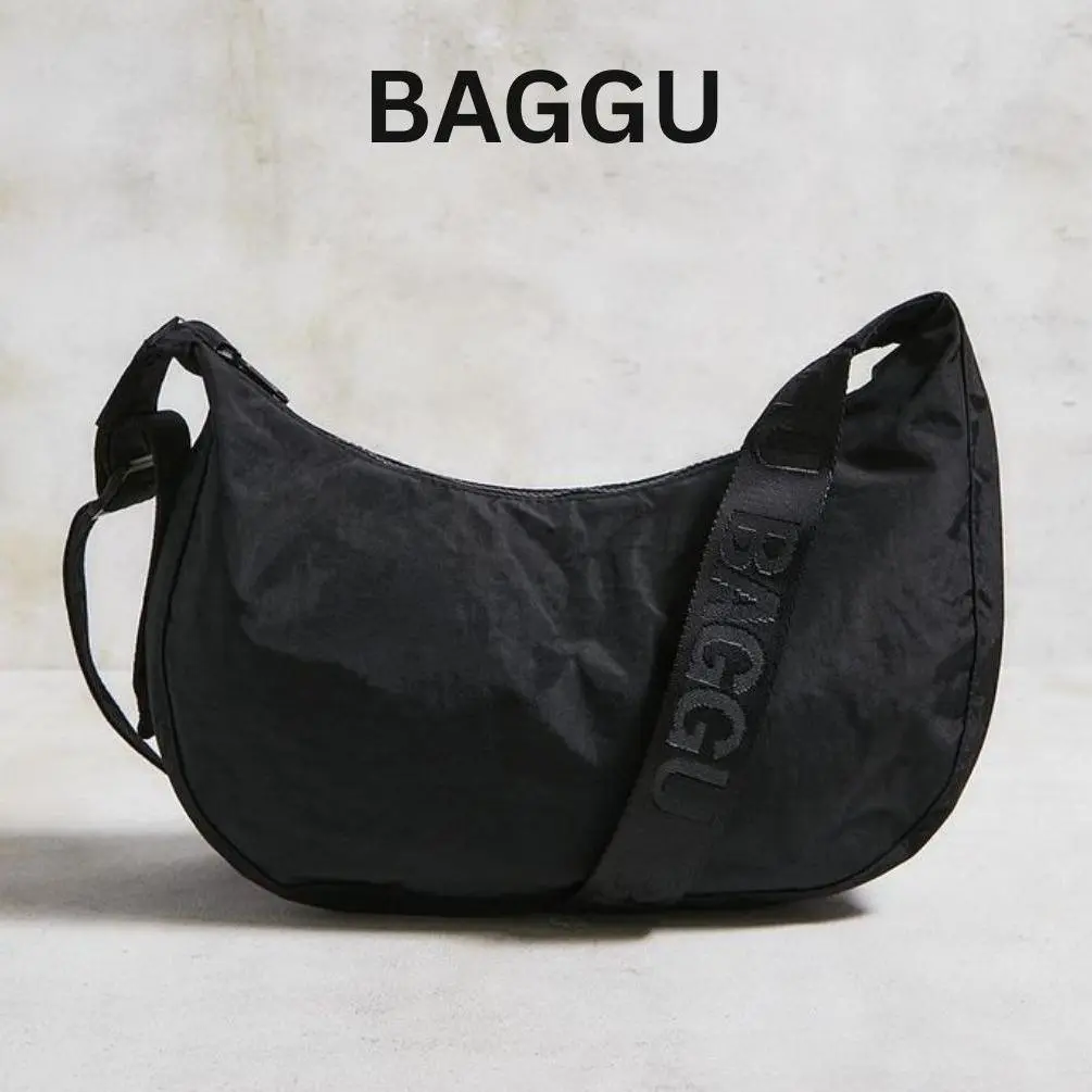 Women's BAGGU Medium Recycled Nylon Casual Crossbody Bags - Adjustable Crescent Minimalist Black Fall Collection Everyday Crossbody Handbags with Zipper Shoulder Bag Option