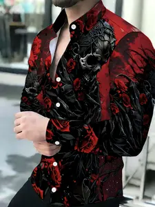 Men's Gothic Skull Rose Print Breathable Lapel Long-Sleeve Cardigan Casual Trendy Shirt