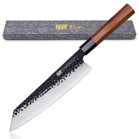 FINDKING Dynasty Series True 9-Inch Eastern Japanese Kiritsuke Kitchen Knife - 9Cr18MoV High Carbon Clad Dimpled Balanced Blade, Ergonomic African Rosewood Octagonal 15.3cm Handle, for Chop, Meat, Fish, Veg Prep