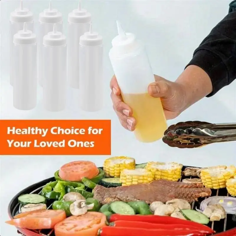 6pcs Multipurpose Plastic Squeeze Bottles Sauce Seasoning Bottle Easy Squeeze Dispensers for Ketchup, Salad Dressings - Kitchen and Restaurant Use - Easy To Clean & Dispense