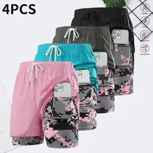 Set of 4 women’s outdoor casual athletic shorts: fitness shorts, cycling shorts, summer lightweight elastic-waist sports shorts for running—comfortable casual workout yoga wear, suitable for outdoor use, with drawstring waist.