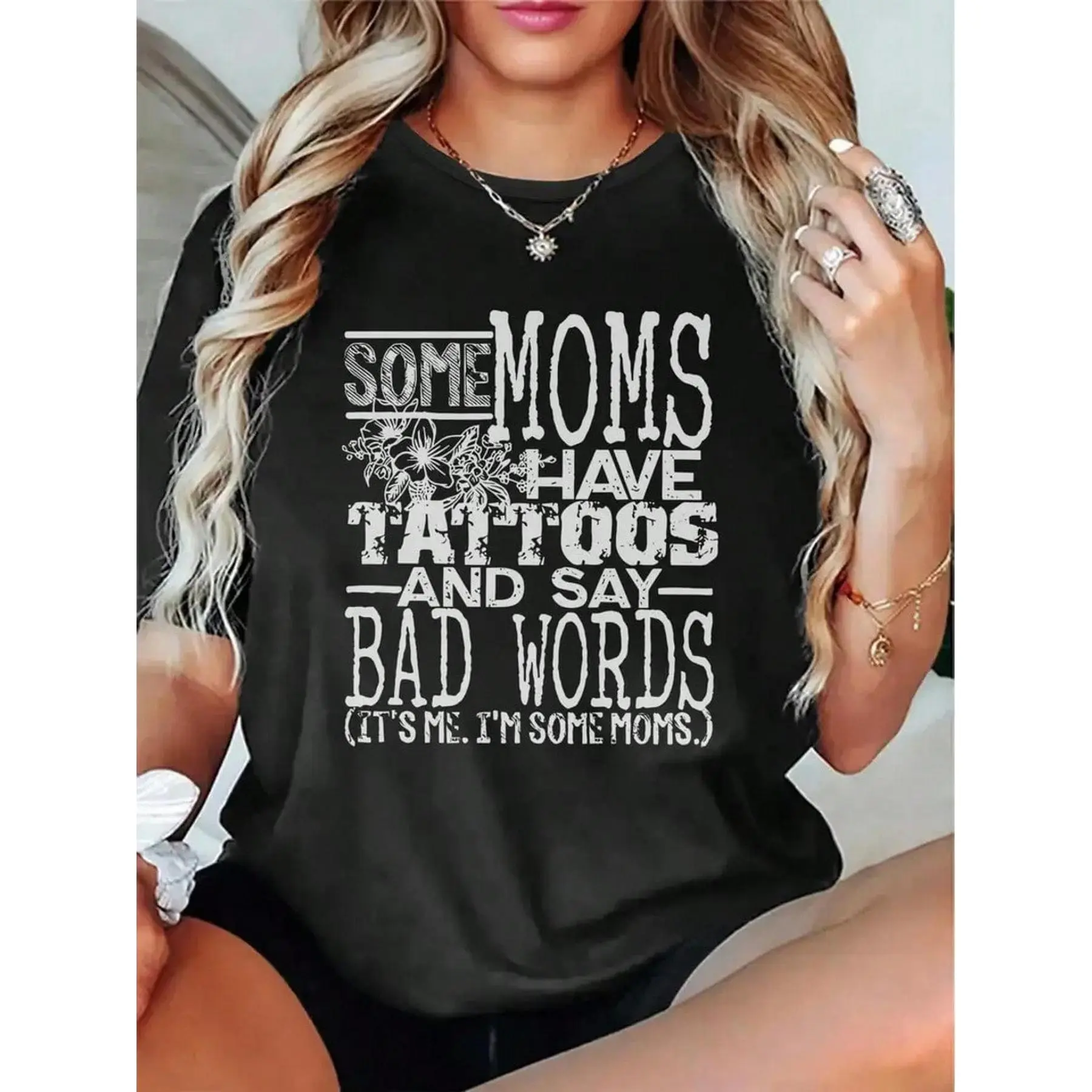 Women's Casual Basic T-Shirt, Shortsleeve Crew Neck with 'Tattooed Moms' Digital Print, 100% Cotton Knitting Fabric, Round Neck, Loose-Fitting, All Seasons, Elegant, Graphic, Hand Wash Only, Dry Clean, Tops, Ruffle Sleeve