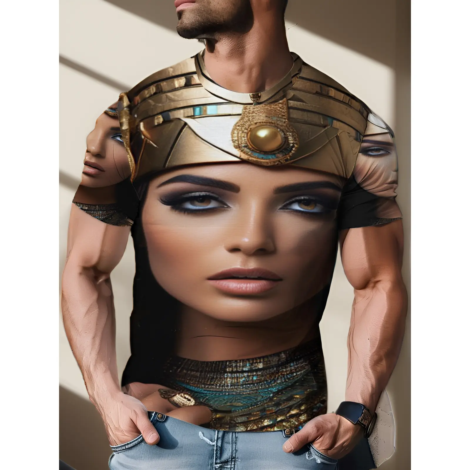 Men's Egyptian Pharaoh Geometric T-Shirt, Casual Short Sleeve Polyester Crewneck Top for Adult History Enthusiasts, Drop Shoulder, Stretch Knit, Pharaoh Print, All Over Print, Plus Size, Xxxxl, Cultural Wear, All Seasons