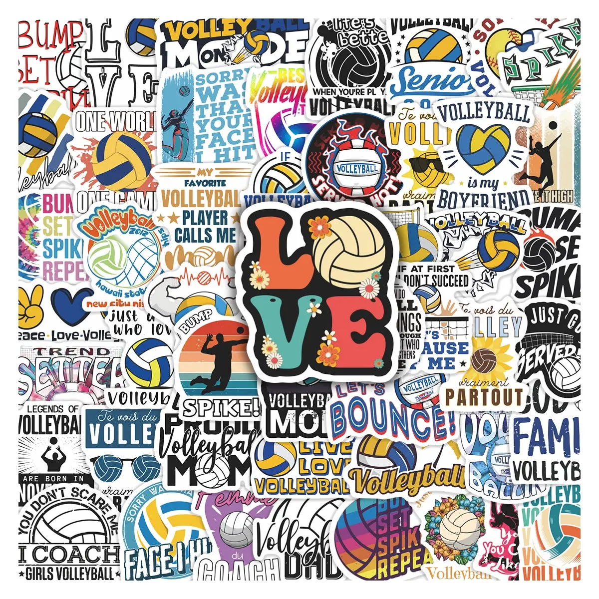50pcs Volleyball Themed Stickers Pack, Waterproof Sports Fan Colorful Volleyball Quote Decals for Laptop, Water Bottle, Journal & Scrapbook, Volleyball Player & Fan Gift, Self Adhesive Stickers, Sticker Packs