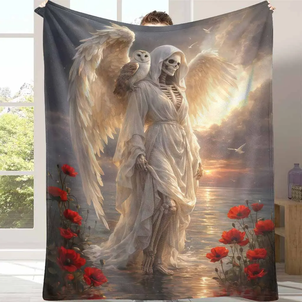 Mystic Angel of Serenity Flannel Bedding Throw Blanket - Skeleton, Owl Animal Fantasy Print, Soft, Warm, Durable, Wrinkle-Resistant Decorative Throw, Ideal Blanket Gifts for Bedroom Meditation Use, Decorative Blanket