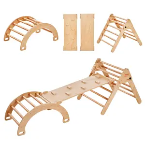 【Summervibes】VEVOR Pikler Triangle Set,  5 in 1 Toddler Climbing Toys Indoor Playground, Ramp, and Arch, Montessori Climbing Set with Triangle, Large Size Wooden Climbing Gym for Toddlers 1-3 Years, Wood Color