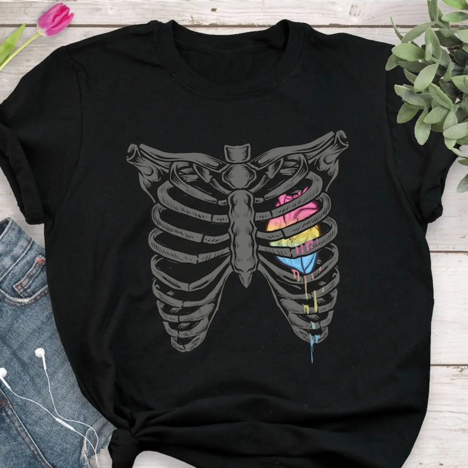 Pansexual Pride T-Shirt with Gothic Rib Cage Heart Art, Unisex Casual 100% Cotton Short Sleeve Crew Neck, Machine Washable, Shortsleeve, Tshirt, Menswear, Fabric, Tops, Clothes, Drawing, Knit, Round Neck, Pride Month, Regular