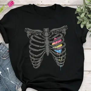 Funny Graphic Tee,Pansexual Pride Shirt, Women Men, Pan Pride Flag Gift, LGBT T-shirt Gay Pride Month Festival Tee Rib Cage Halloween Gothic Alternative Heart