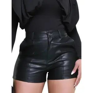 Women’s faux leather high-waisted shorts with pockets, summer casual underwear, comfortable elastic waistband, fashionable women’s clothing GARMENTARY