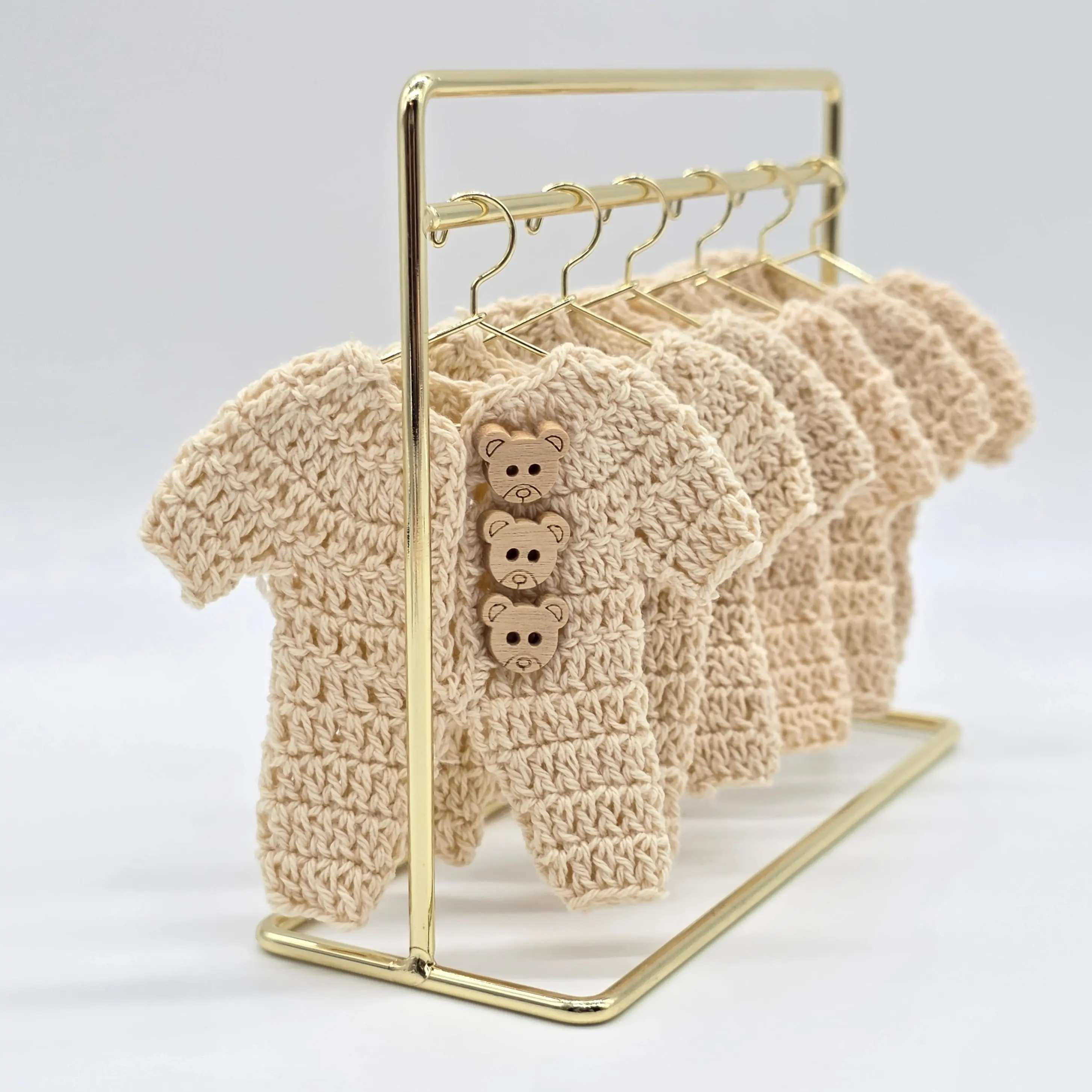 Handmade Cream Crochet Teddy Bear Party Gift - 3" Mini Crochet Party Favor Set of 6 with Wood Engraved Charms & Gold Display Option