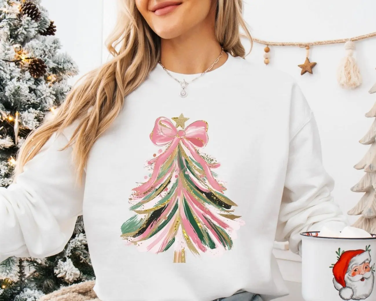 Coquette Christmas Tree Sweatshirt, Faux Glitter Brushstroke Christmas Tree Crewneck, Colorful Christmas Tree Sweater, Cute Aesthetic Coquette Bow Holiday Season Jumper, Trendy Xmas Party Graphic Pullover, Cute Xmas Gift for Women & Girls