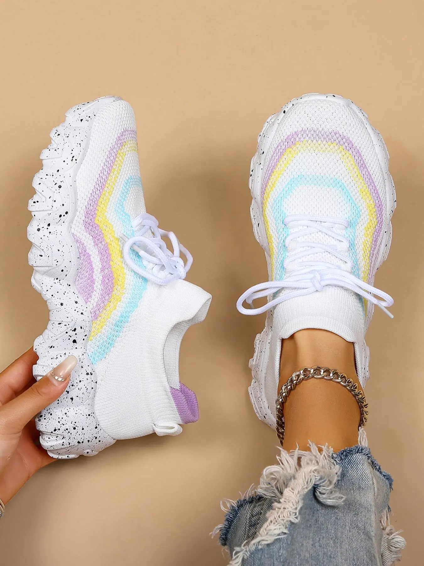 Women's Striped Print Lace Up Low Top Sneakers, Casual Comfortable Breathable Sports Running Shoes, Fashionable Running Shoes, Female All-match Round Toe Chunky Sneakers for Daily Wear, Athletic Running Shoes, Knitted Running Shoes, Trendy Running Shoes