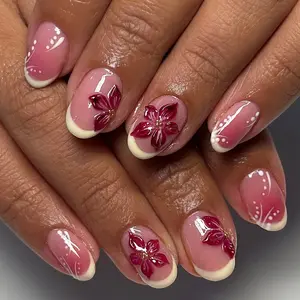 24 pcs short oval acrylic press on nails gentle style milky goose yellow French edge 3D carving white polka dot stripes gold steel balls, Nail Art Design, party daily versatile portable fake nails Flower Nails