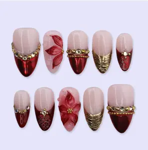 Red Chrome Press On Nails with 3D Flower, Gold & Rhinestone Accent | Medium Almond Fake Nails | Handmade Nails Art for Prom, Wedding
