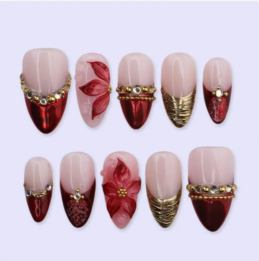Red Chrome Press On Nails with 3D Flower, Gold & Rhinestone Accent | Medium Almond Fake Nails | Handmade Nails Art for Prom, Wedding