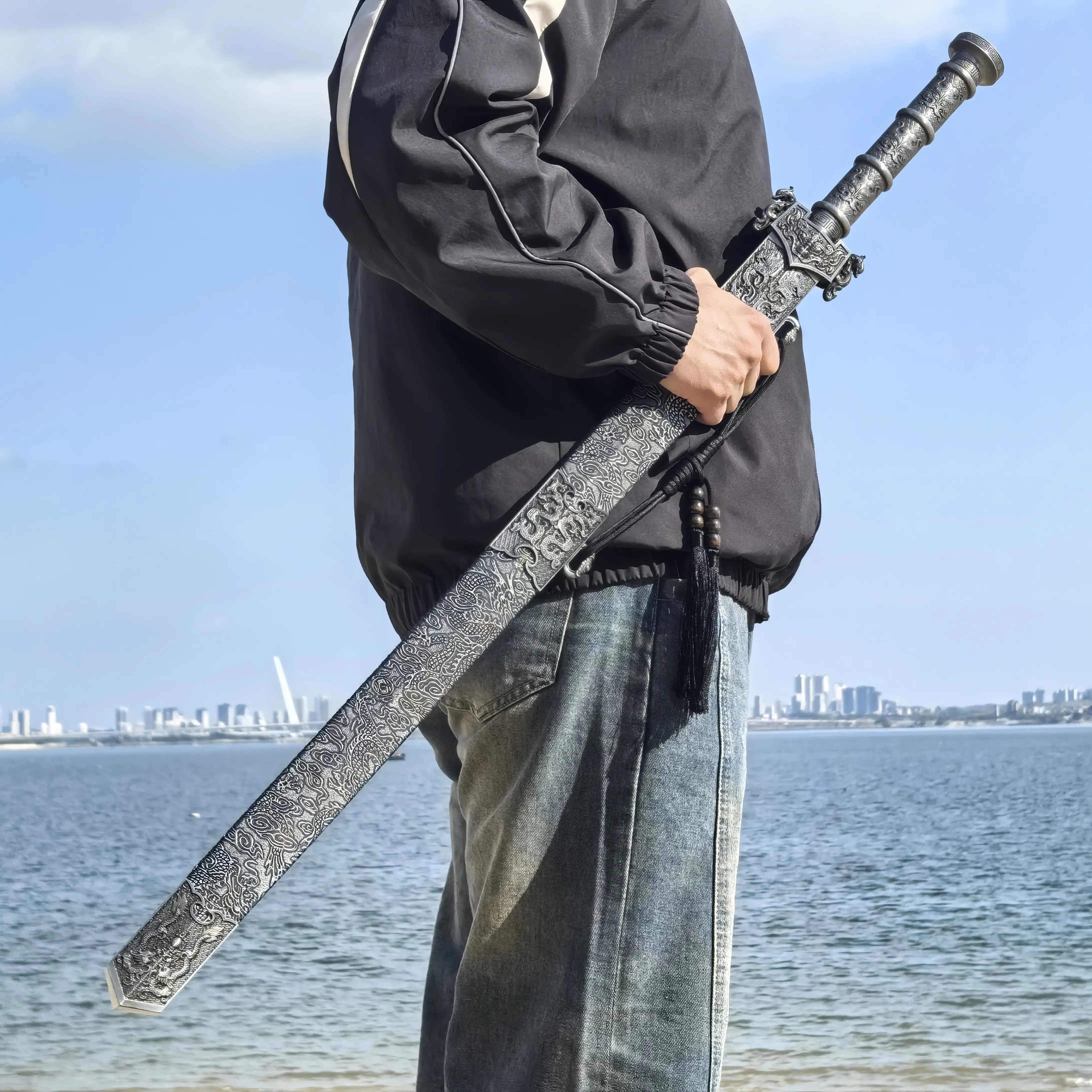 Ornate Silver Dragon Sword Prop | Exquisite Carved Decor - Perfect for Holiday Events, Gatherings & Collection Accessory Man Clothes Costume saber fursuit cosplay gear prop deadpool  suit super  hero  costume one  piece  rod