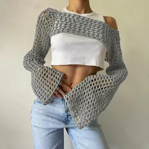 Long Sleeve Crochet Crop Top Summer Knit Hollow Out Mesh Cover Ups 2024 Women‘s   Crochet Tops Pullover Streetwear