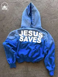 Y2K Style Unisex Fitted Hoodie, Sweatshirts, Jesus Saves Print, Gradient Washed Cotton, Streetwear, Faith Culture, Fall & Winter Fashion