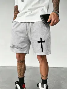 Men's Summer Streetwear Sporty Loose Drawstring Straight Leg Sweatpants, Cross Print Design, Comfortable and Trendy, Casual Daily Wear