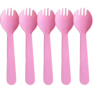 100PCS 4.2 Inch Pink Mini Disposable Plastic Spoons & Sporks Individually Wrapped for Ice Cream Cake Desserts Yogurt Fruit Salad
