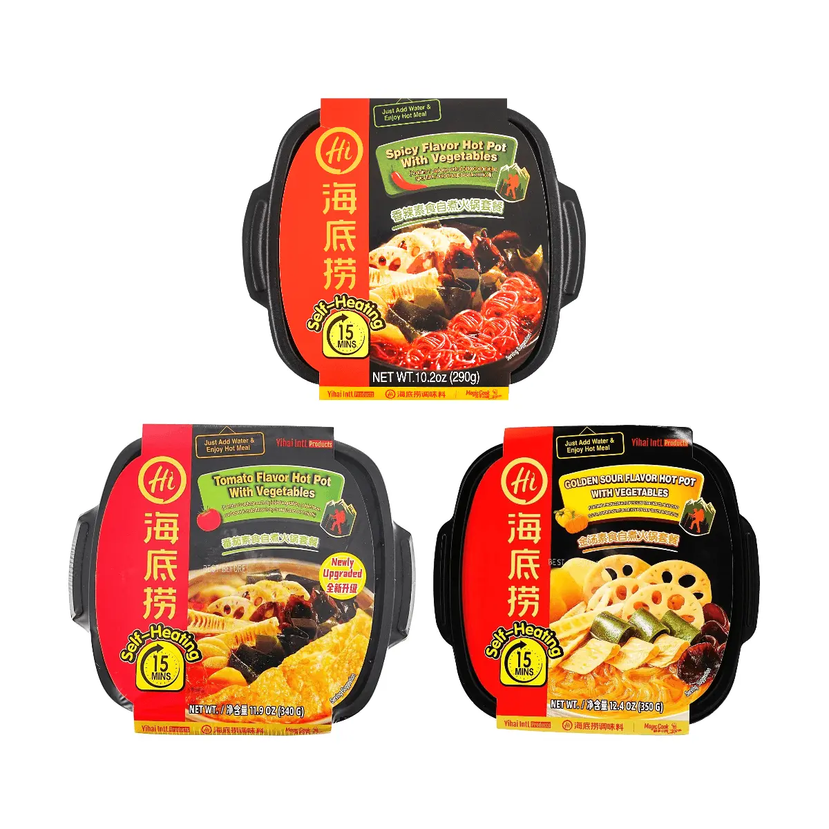 Haidilao Self-Heating Hot Pot Combo - 3 Flavors (Spicy Veggie, Tomato Veggie, Golden Soup Veggie) 985g - Vegetarian Feast for Back to School
