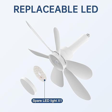 Quiet 20" Socket Fan Light with Remote, E26/E27 Screw-In, 3 Speeds Dimmable, Mini Ceiling Fan Light for Bedroom Kitchen Small Spaces, White