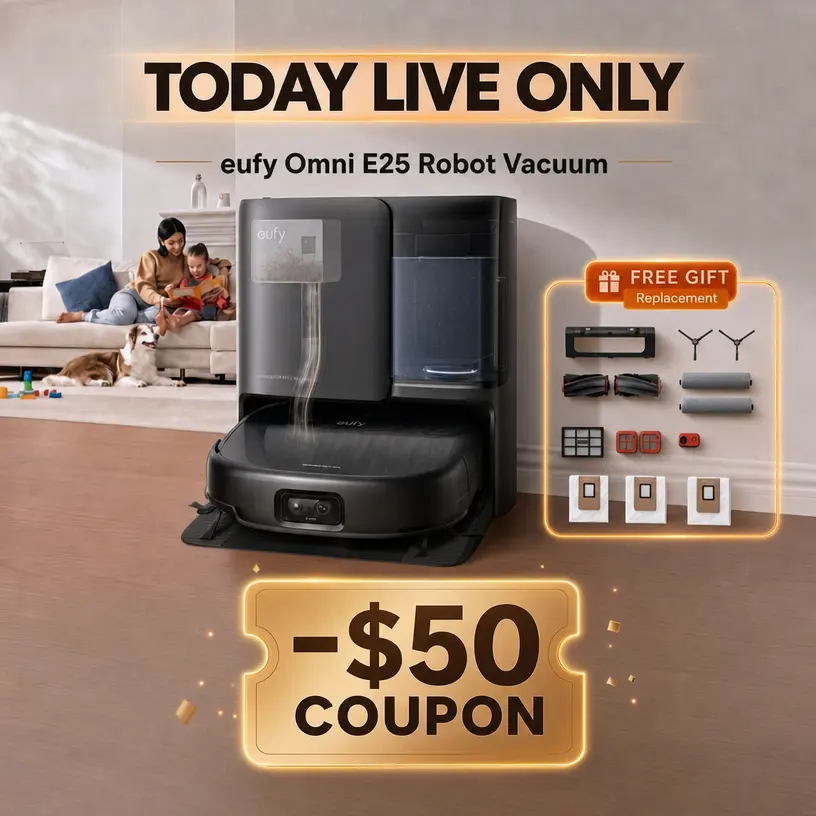 New eufy E25 Omni Robot Vacuum-and-Mop Combo,HydroJet System, 20,000Pa Turbo Suction, Zero-Tangle Design, Edge-to-Corner Deep Cleaning, Obstacle Avoidance, Auto-Empty & Self-Cleaning All-in-One Station, Vacuum Cleaner,sohochic