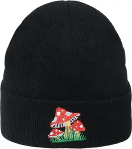 Mushroom Embroidery Beanie, Beanie Embroidered Gift, Skull Cap Hippie, Winter Christmas Gift