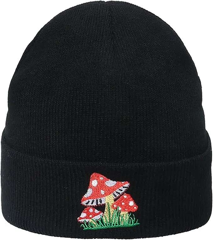 Mushroom Embroidery Beanie, Beanie Embroidered Gift, Skull Cap Hippie, Winter Christmas Gift