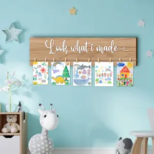 Wooden Art Display Sign with Clips, Artwork Photo Display Hanging Board, DIY Decorative Sign for Bedroom Classroom Living Room, Hangable, Interior Decoration Accessories