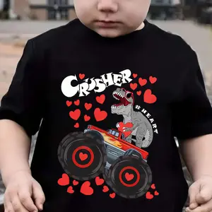 Boys Girls Valentine Shirts Regular Short Sleeve 'Crusher' dinosaur monster truck Love Heart Tops for Kids 2-10Y,100% pure cotton，Suitable as a Valentine's Day gift for kids