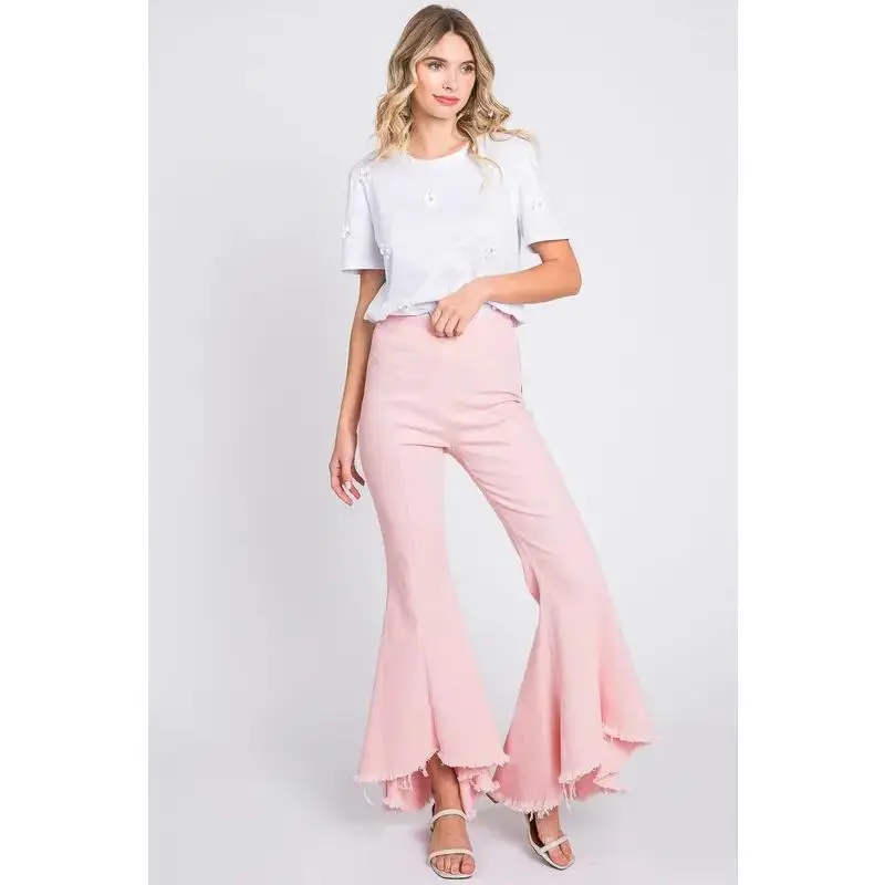 Women's Pintuck Pleated Jeans - High-Waist Stretch Spandex Denim with a Casual Flared Leg and Distressed Raw Hem, Fabric, Solid, Cotton, Print
